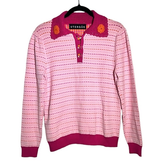 Uterqüe Uterque Pink Textured  Crochet Collar Sweater Large - Picture 1 of 10